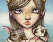 BUNNY KEEPER - surreal pop fantasy art girl angel rabbits- 5x7 print of an original painting by Tanya Bond