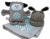 Full Moon Polka Dot Mini Baby Blanket w/ Plush Lamb and Hat Minky Chenille Woobie Gift Set