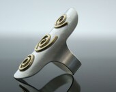 Big Sterling Shield Ring with 18 Karat Gold Spirals - Statement Ring - Size 8 1/4 - Cocktail Ring