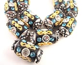 3 Blue Rhinestone Kashmiri India Beads, Black Barrel, Bindi Style, Bollywood, 20mm, Silver Capped, Tribal Fusion, Polymer Clay, KA-04