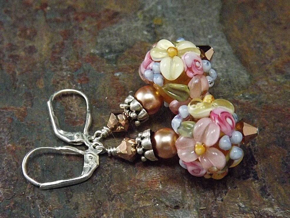 Yellow Lampwork Beaded Earrings, Peach, Pink, Blue, Yellow, Flowered Earrings, Spring Delight, TPMB