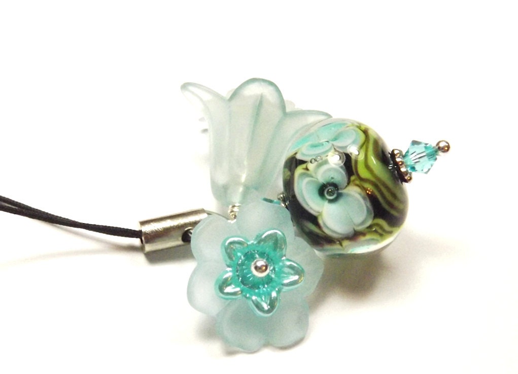 Aqua flowered lampwork purse charm, zipper pull, cell phone charm, key ring charm
