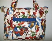 Quilted Fabric Handbag Tote Handbag with Chickens and Roosters