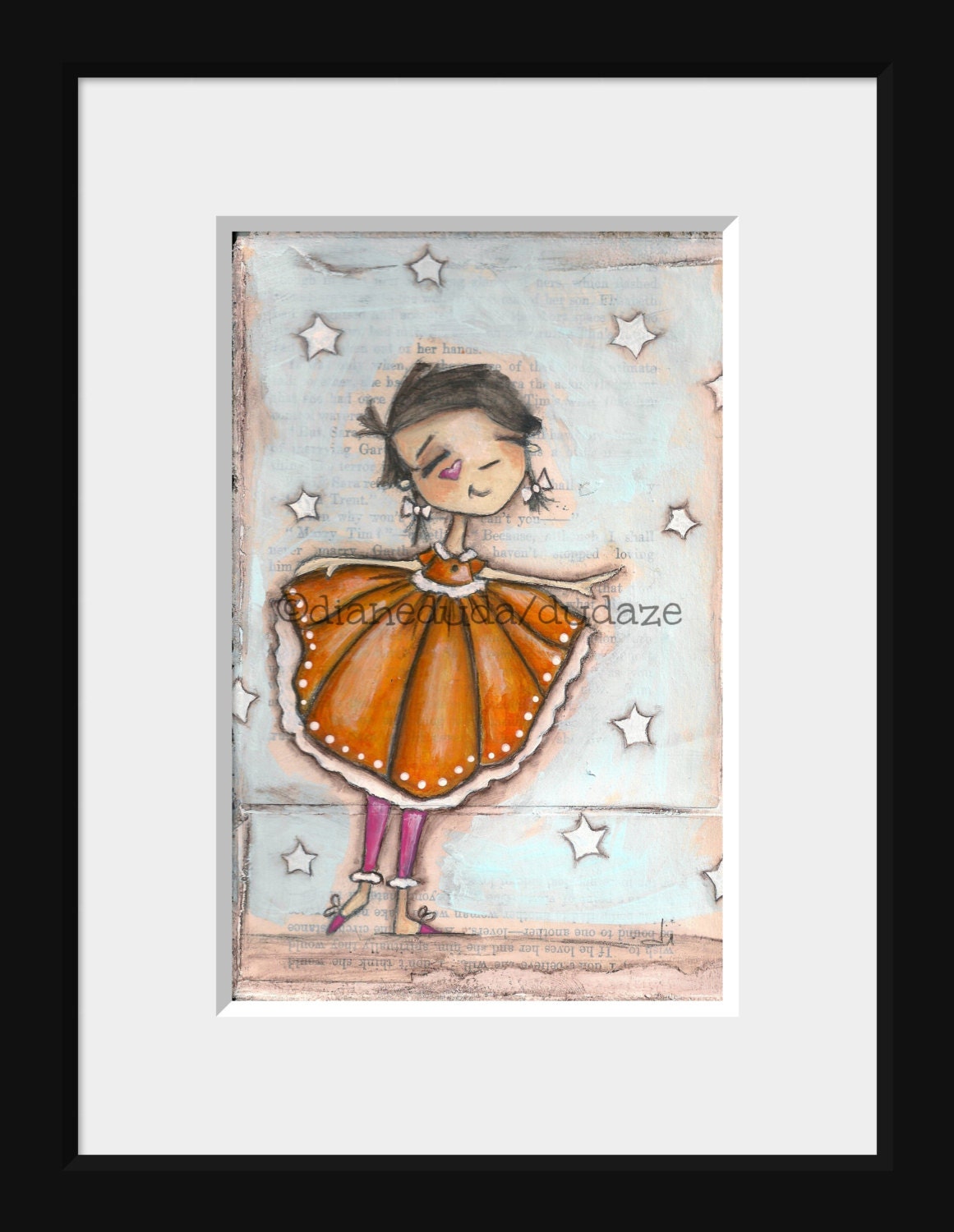 Print of My original folk art cereal box painting - Pretty in Orange