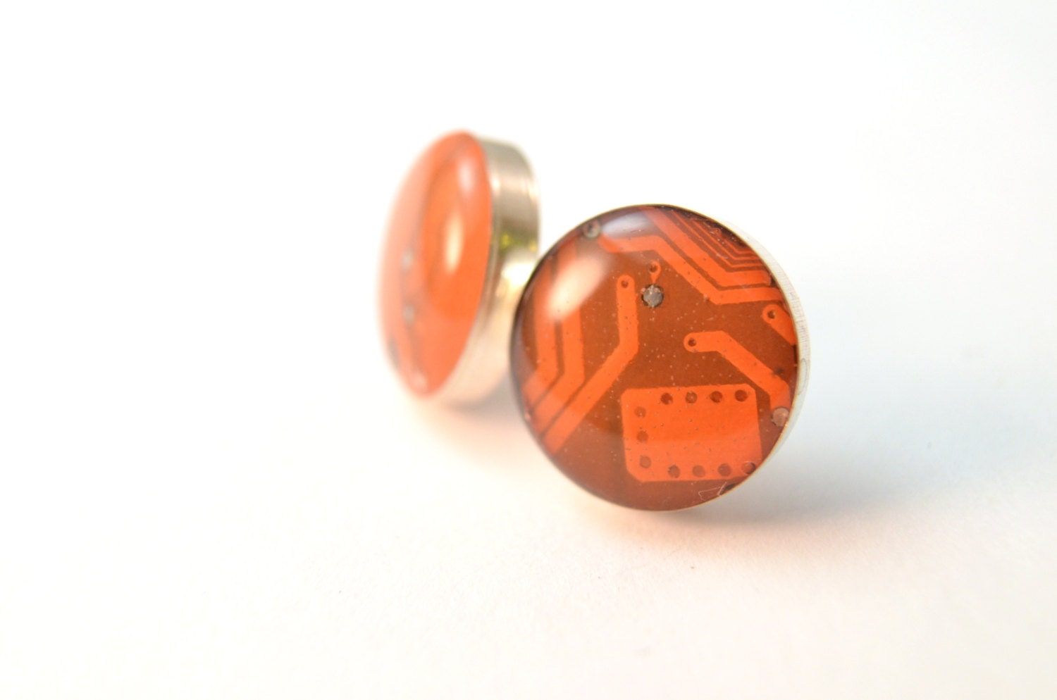 Circuit Board Stud Earrings Nectarine Orange Sterling Silver Circle