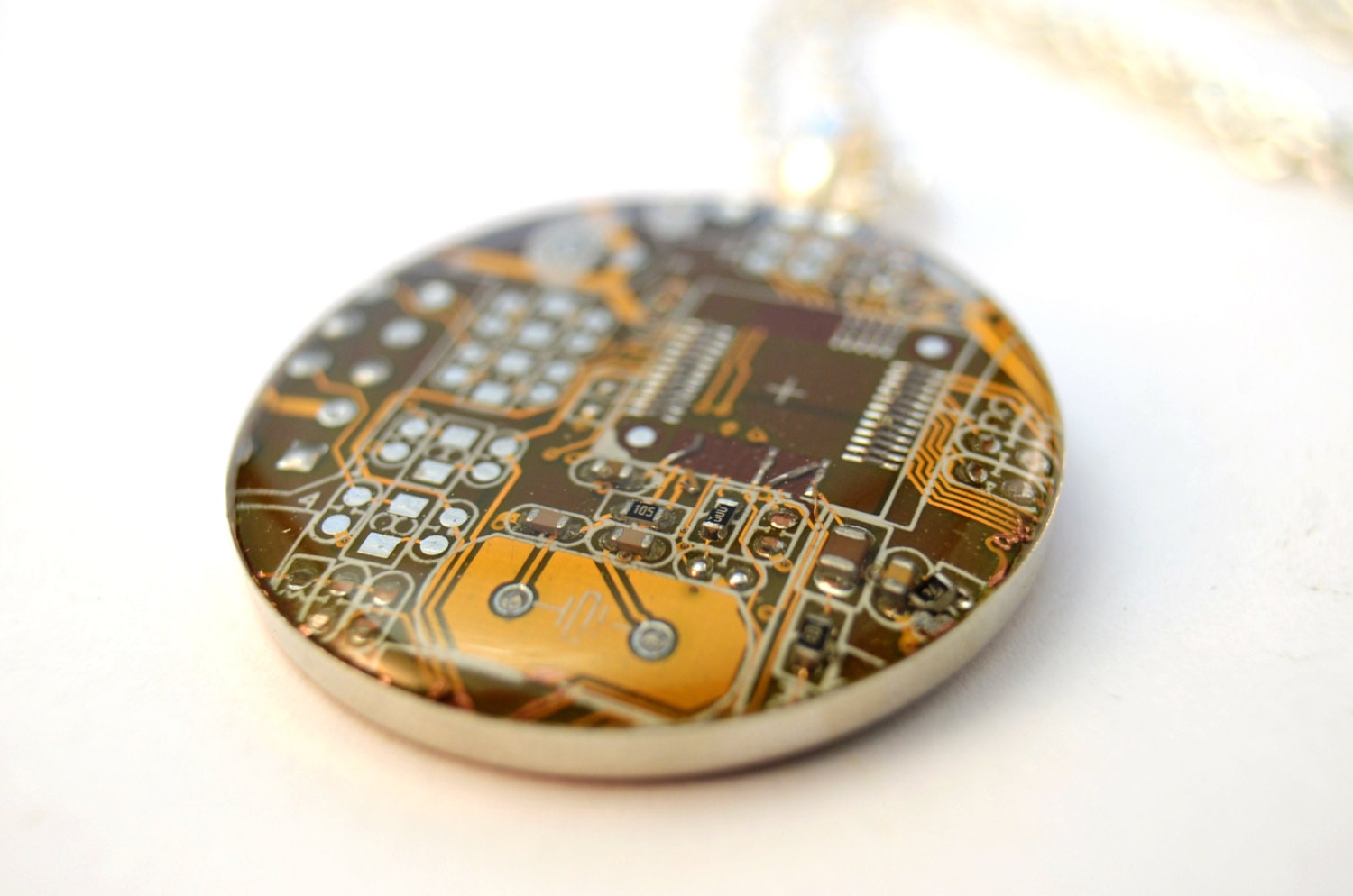 Recycled Circuit Board Necklace in Mustard Yellow Fathers Day Computer Keychain