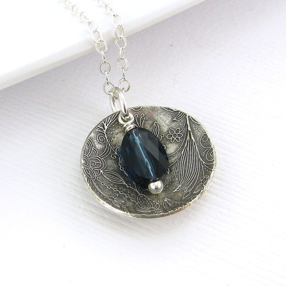 Sapphire Necklace September Birthstone Birthday Handmade Circle Jewelry Denim Blue Crystal Sterling Silver - Contrast