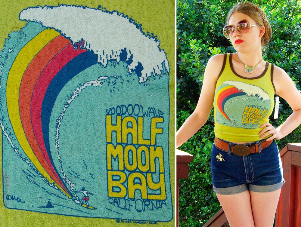 Half MOON Bay 1970's Repro Avocado Green Rainbow WAVE Terrycloth Surfer Tank Top NWT size Small