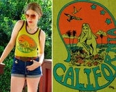 CALIFORNIA Dreams 1970's Repro Avocado Green Orange Terrycloth Tank Top with Nude Hippie Chick NWT size Medium