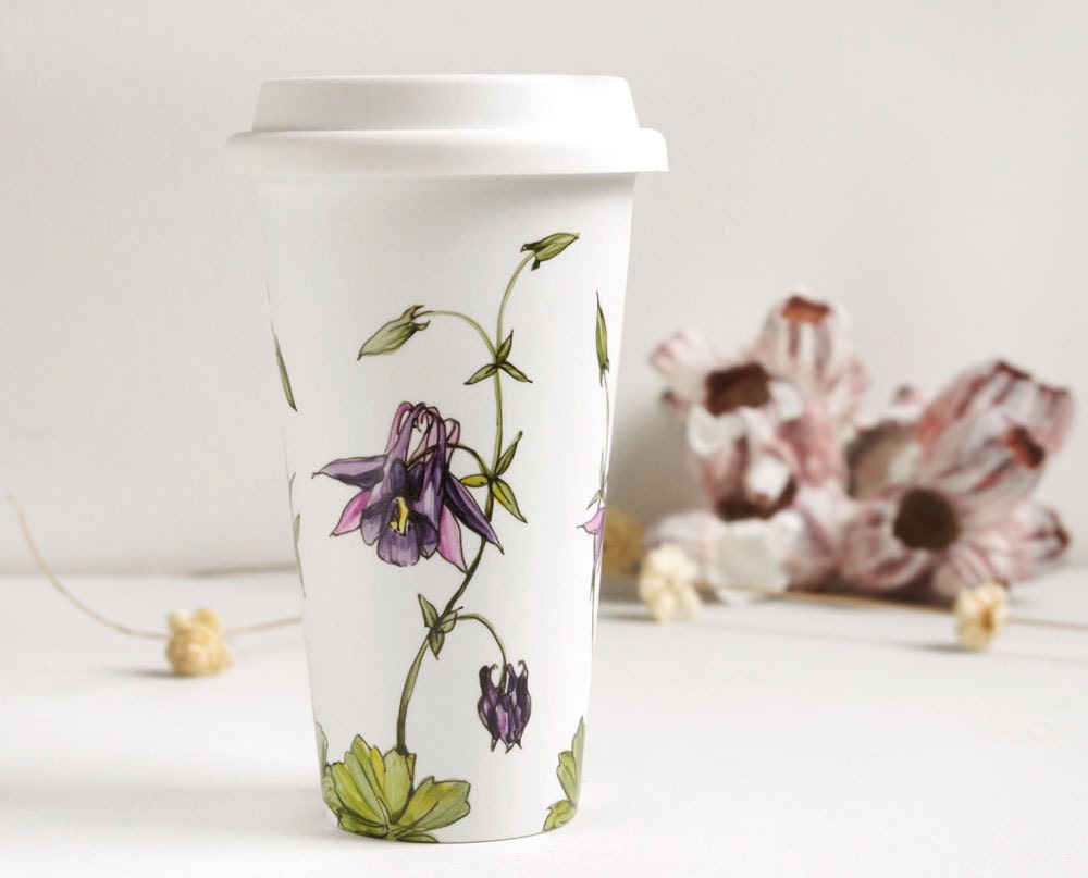 White Ceramic Eco Cup - Columbine, Botanical Collection