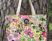 Bright Flowers Pink and Yellow Button Tote Bag