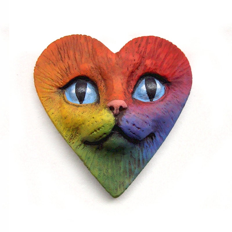 Rainbow Cat Heart Polymer Clay Art Doll Face Cab Kitty Animal Pet Bright Colorful Cabochon roygbiv Blue Purple Red Orange Yellow 2943