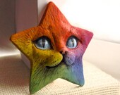Rainbow Star Cat Face Cab Art Doll Kitty Animal Pet Bright Colorful Polymer Clay Cabochon roygbiv Blue Purple Red Orange Yellow 2975