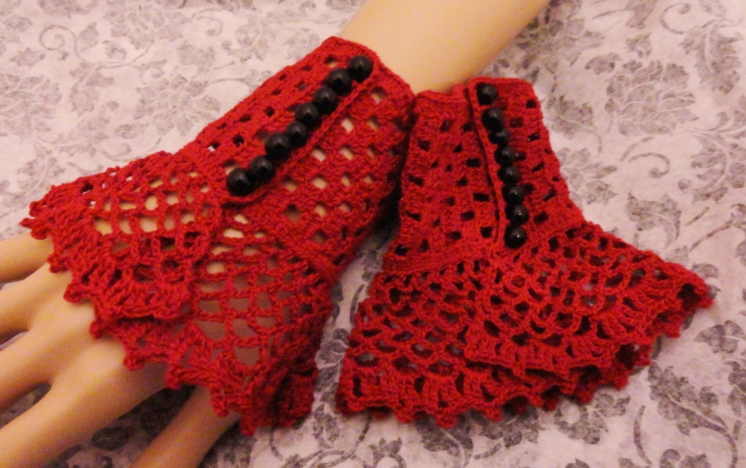 Red Gothic Victorian Steampunk Wristlets Wrist Cuffs Crochet Lace Vampire Wiccan