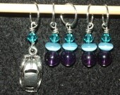 Beetle Bug Car stitch markers with amethyst, bright blue and teal crystals - set of five - ooak