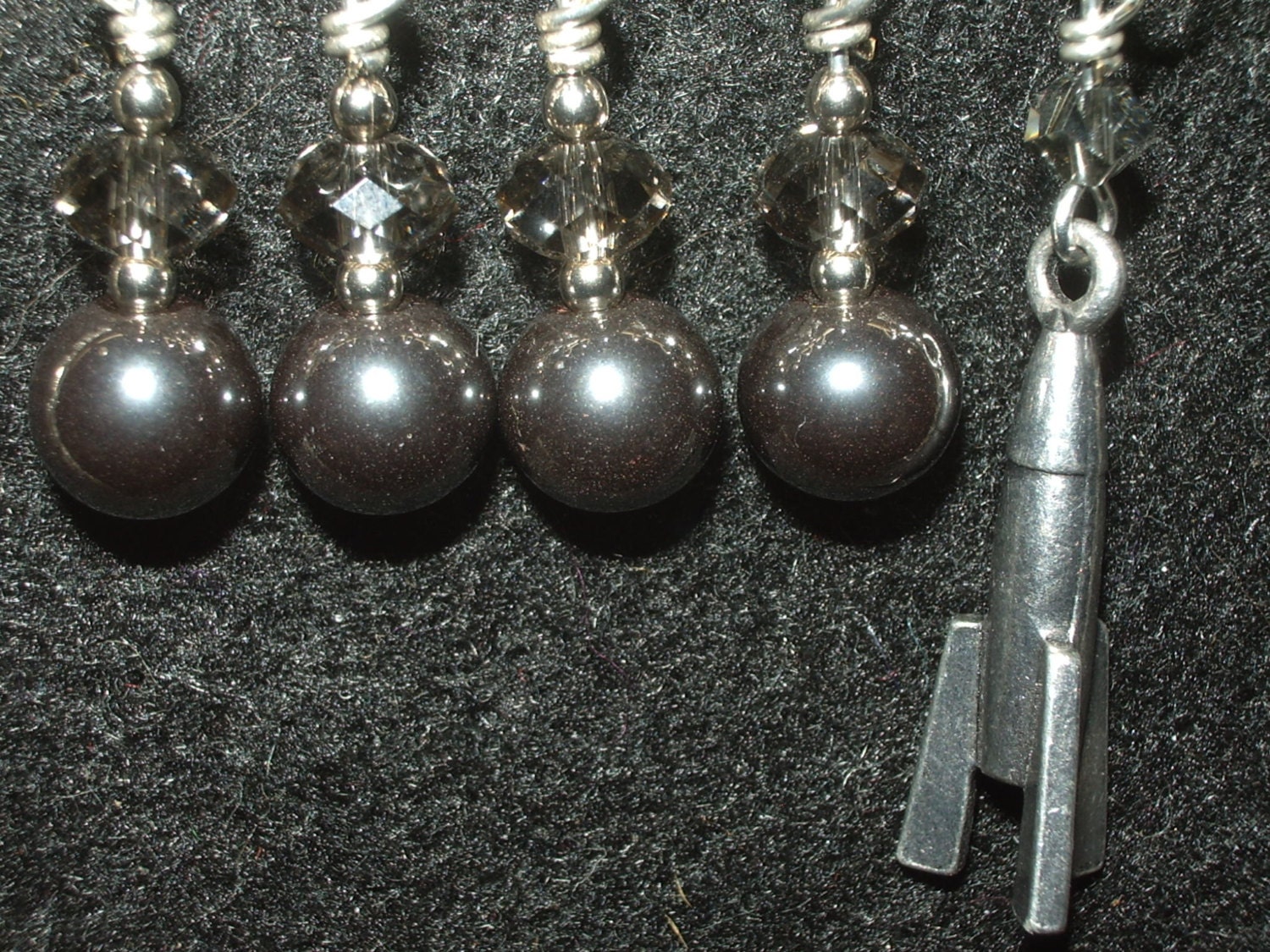Pewter rocket ship stitch marker with hematite, sterling silver and greige crystal - set of five
