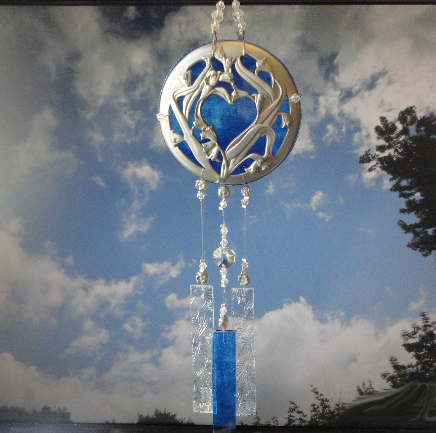 With All My Heart, Garden Sculpture, Home Decor, Glass Windchime, Upcycled Pewter Filigree, Stained Glass and Crystal