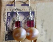 Sale - Golden Freshwater Pearl and Garnet earrings in silver