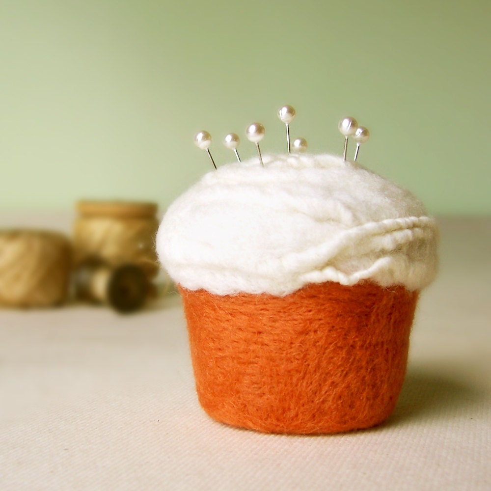 Pincushion - Pumpkin Vanilla Cupcake Felted Wool