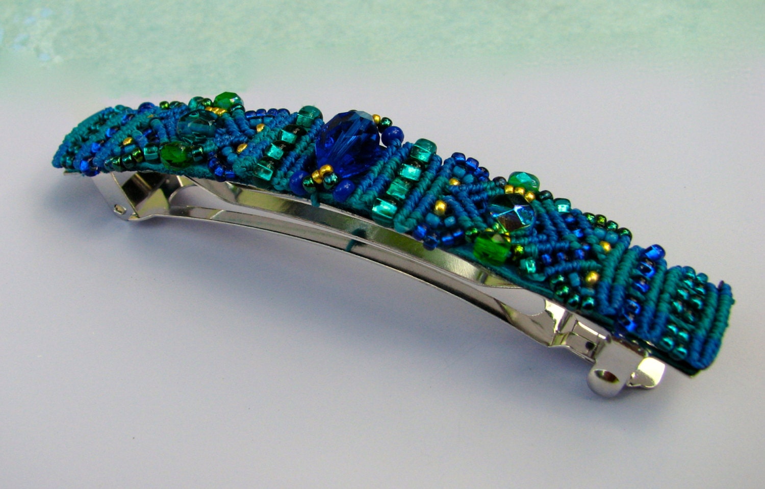 Barrette, Macrame Barrette, Teal Blue Green Beaded Hair Clip, Hair Barrette in teal green and blue with gold