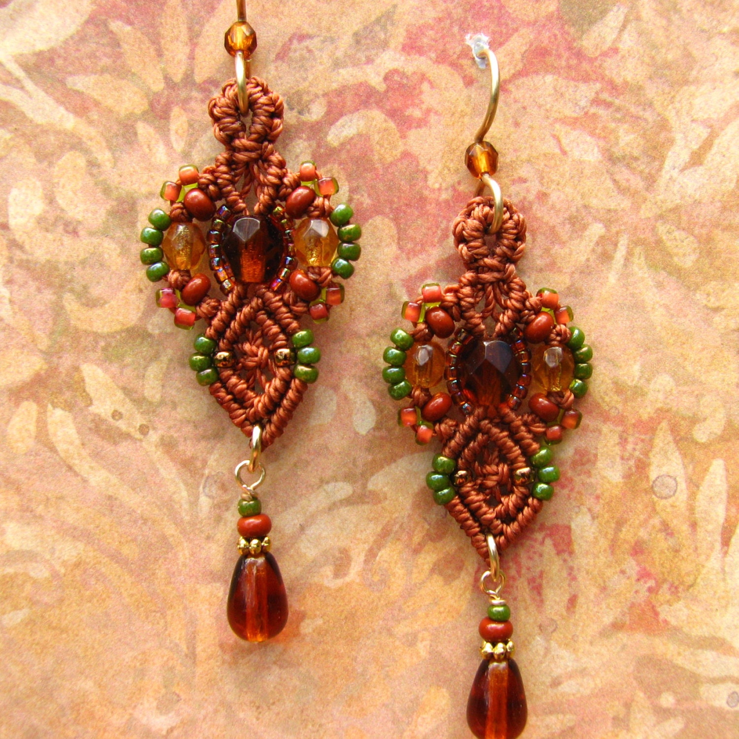 Micro Macrame Earrngs- Rust earth tones- Beaded earrings, Classic Style