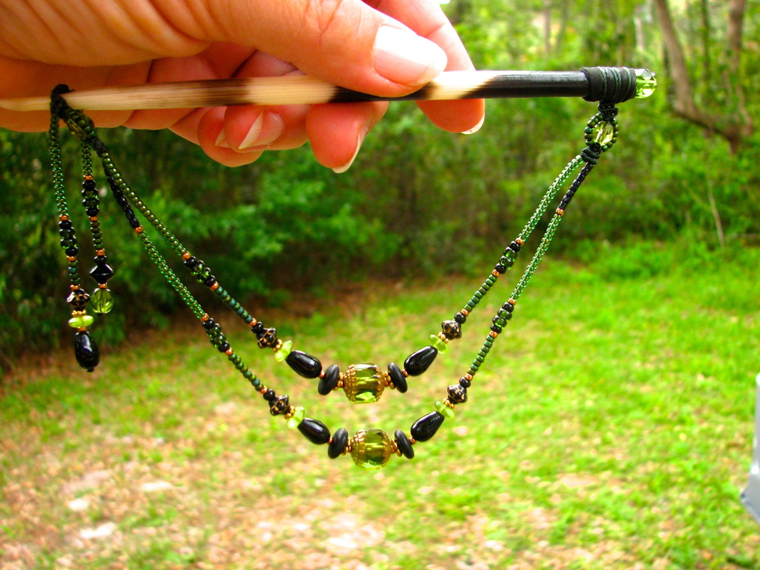 Black and Green Beaded Hairstick, Porcupine Quill Hair Jewelry, Macrame Beading in Black and Peridot Green