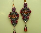 Macrame Earrings in rich Earth Tones- Burgundy Green Amber Brown- Classic Style