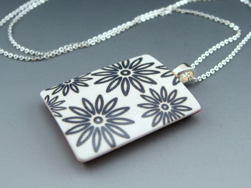 Modern abstract polymer clay pendant on chain with tribal design and a pop of color