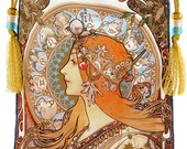Zodiac by Alphons Mucha, Art Nouveau drawstring bag or tarot bag with wonderful TEAL BLUE silk velvet