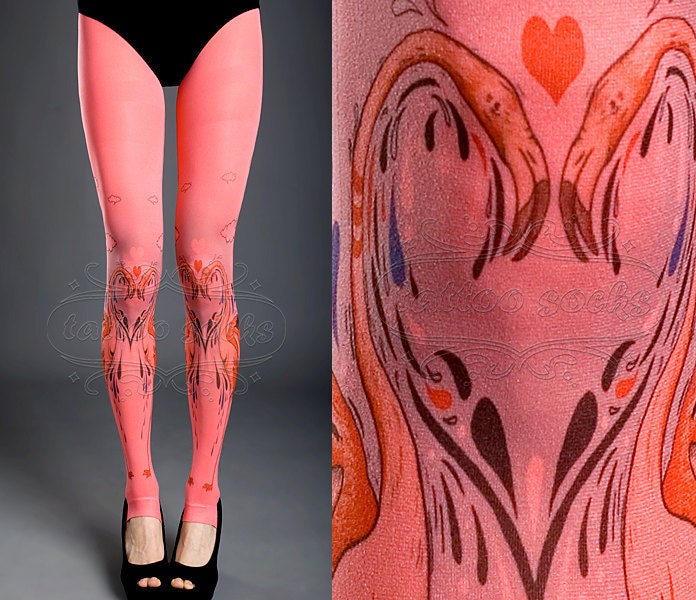 NEW pink one size Flamingo Love full length footless printed tights / pantyhose spring / summer