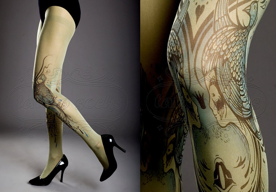 NEW light army green one size Birds and Ladies full length printed closed toe tights pantyhose summer spring
