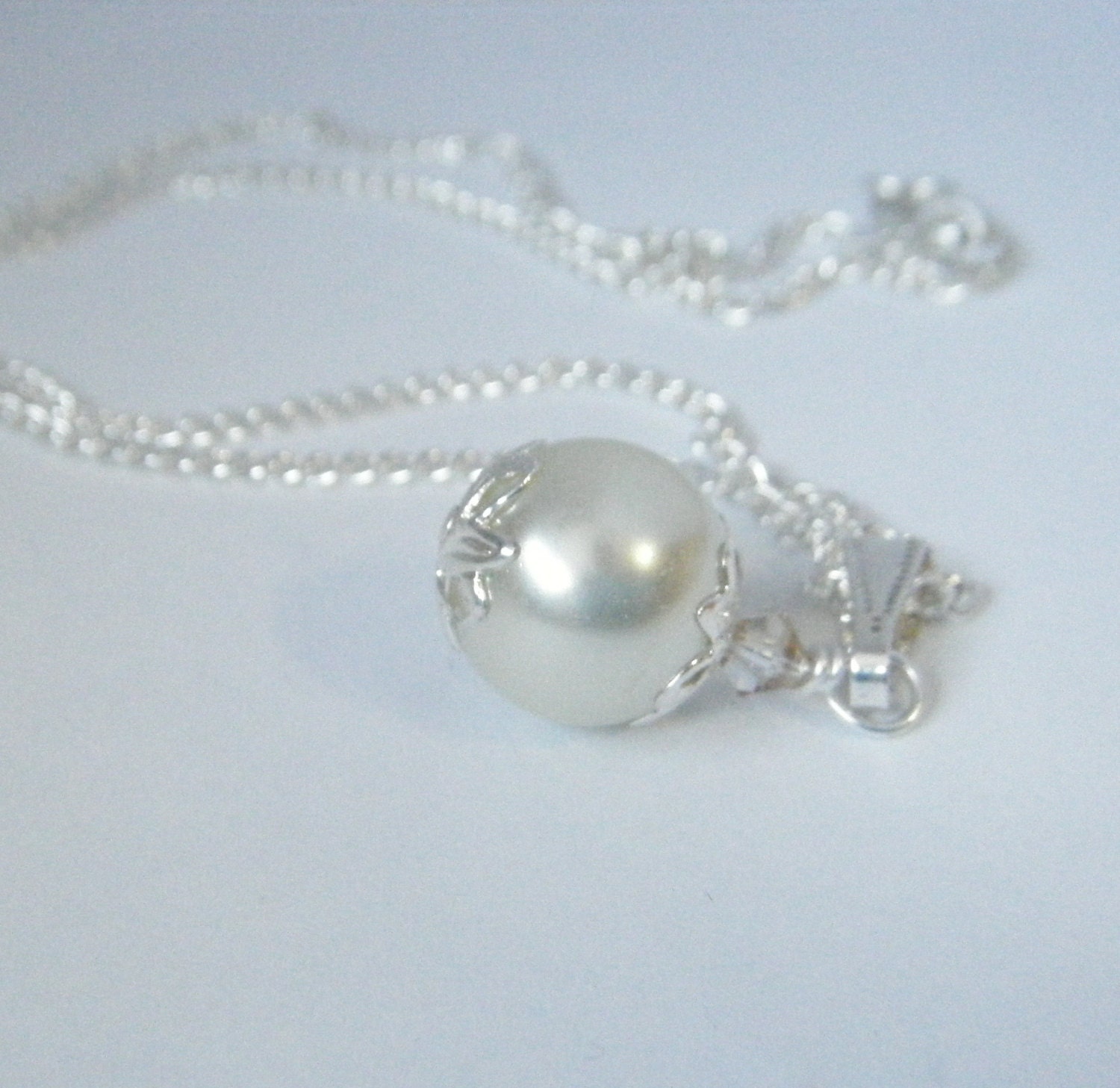 Single Ivory Pearl Drop with Swarovski Bicone Necklace on Silver Plated Chain