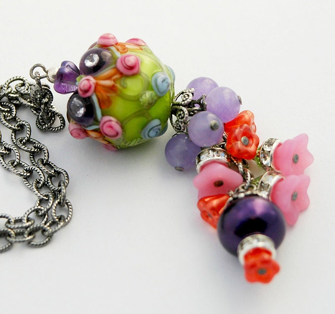 Indian Bolly Necklace, Lampwork Flowers, Green, Purple, Orange, Pink, GLORIOUS