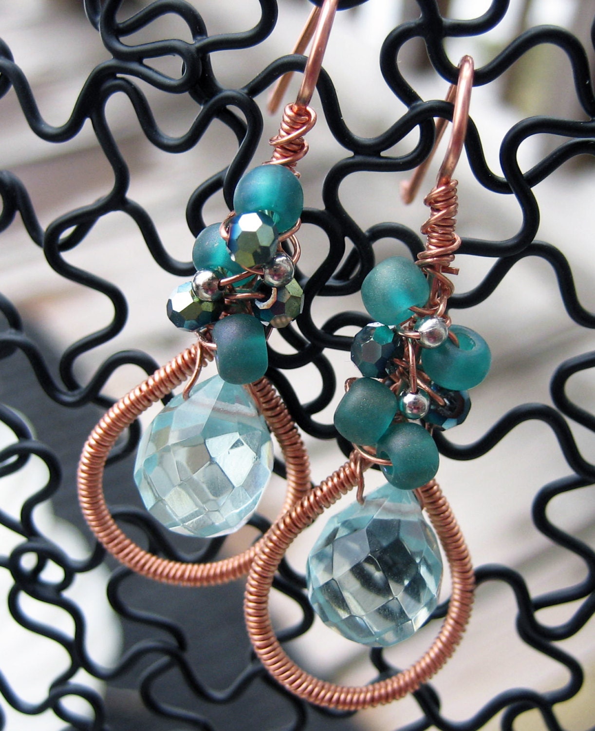 Aquamarine Earrings, Sage Green Copper Wire Wrapped Earrings Aquamarine Jewelry - CARESSA
