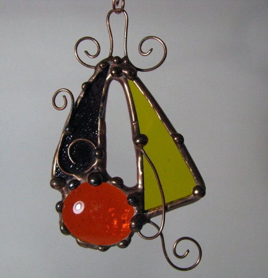 Stained Glass Copper Art Plum Yellow Orange Suncatcher Accessory Embellishment Trinket Adornment Window Jewelry