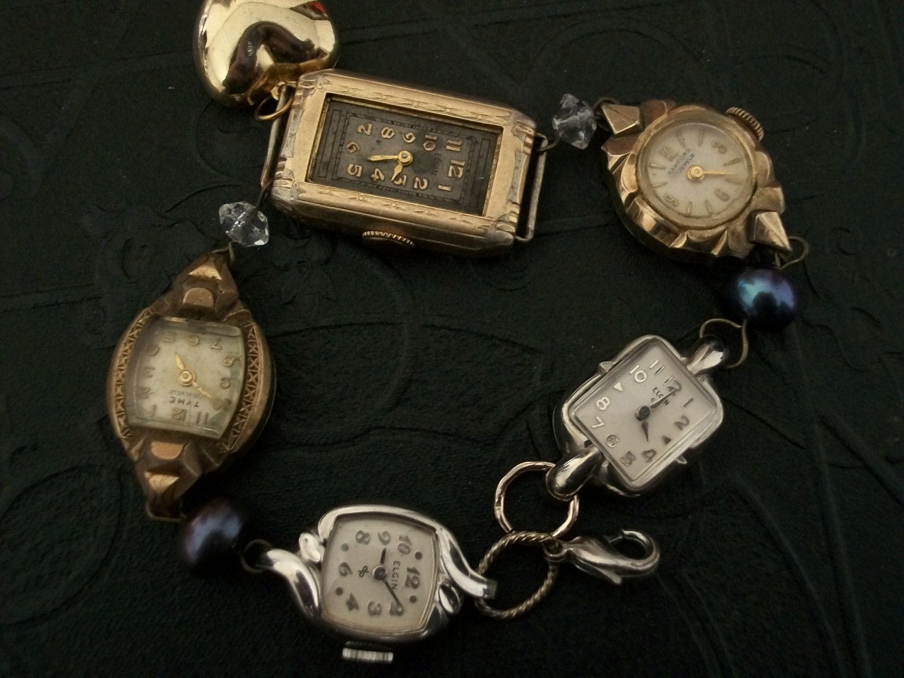 Assemblage Antique Watch Face Bracelet Pearls Heart