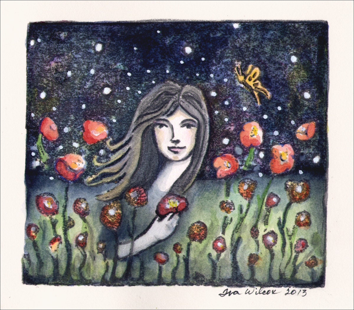 Original Linoleum Mixed Media Painting Girl Among Poppies 4"x5"