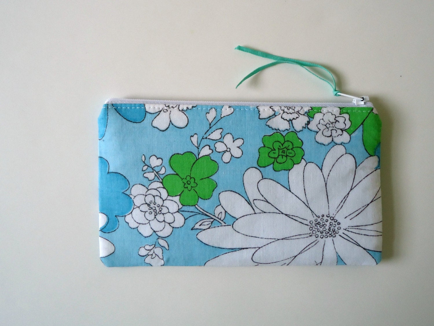 Zipper Pouch from Vintage Blue and Green Fabric, Upcycled 1970s Flower Power, Pencil Case, Cosmetic Bag