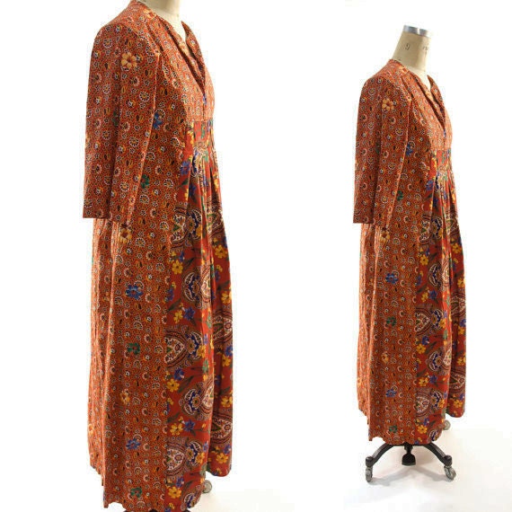 70's Batik Cotton Maxi Dress or Caftan in Shades of Sienna