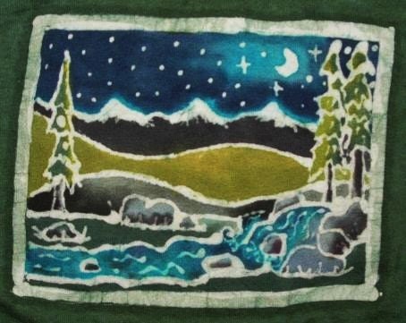 Men or Women RIver Mountain with the Moon Batik Tshirt in Olive Green Sm- 3X