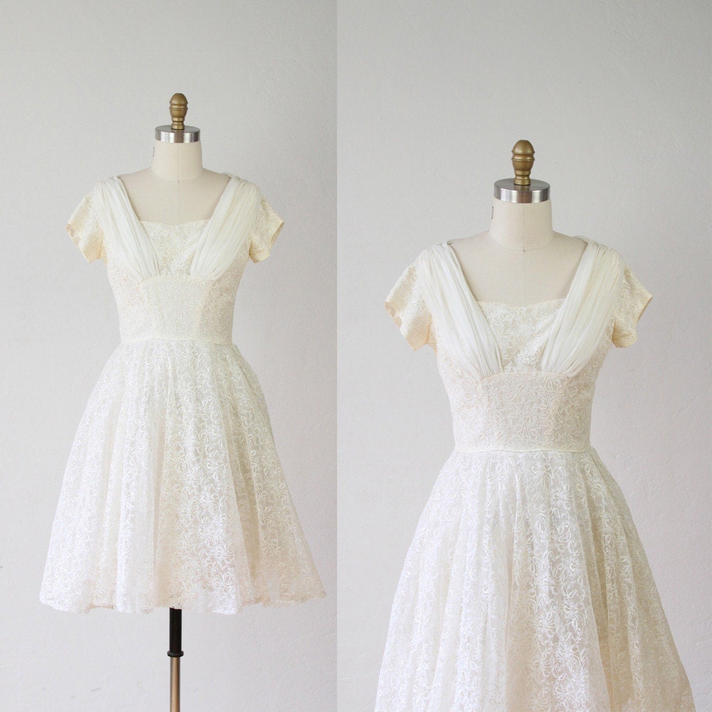 Cream Lace Dress 1950s Wedding Chiffon Trim - M