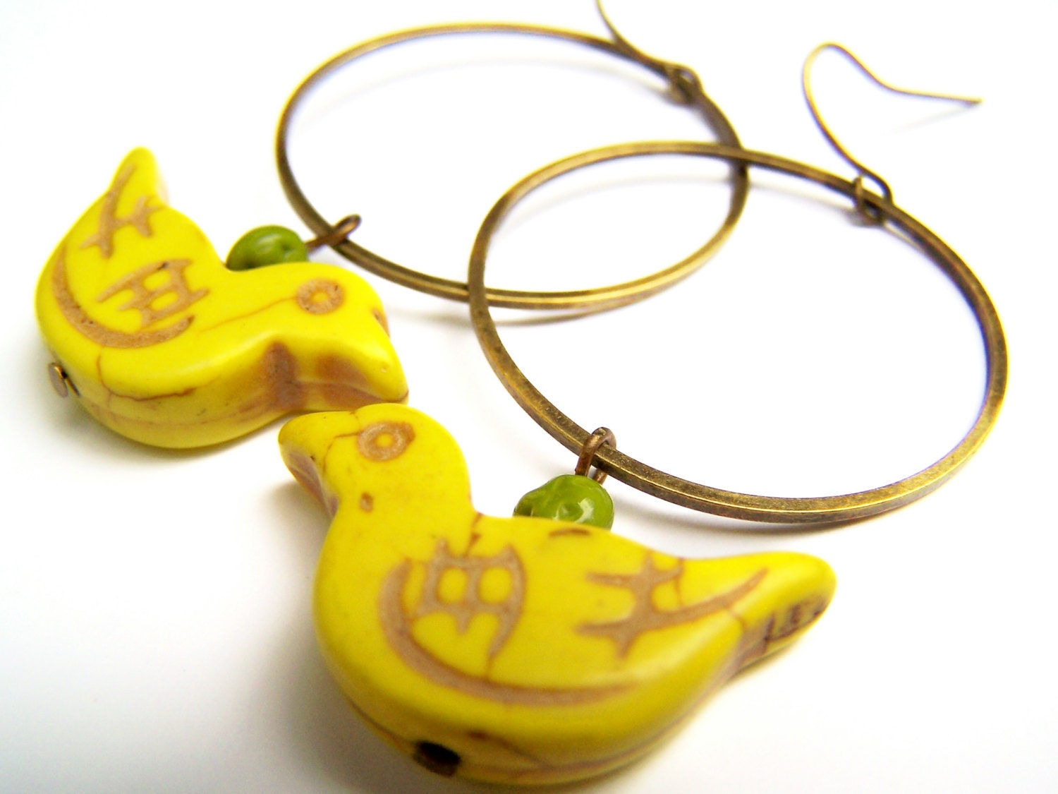 Canary Yellow Bird Earrings, Carved Stone & Green Czech Glass Beads on Antiqued Brass Hoops, Bird Hoop Dangles - Duckie