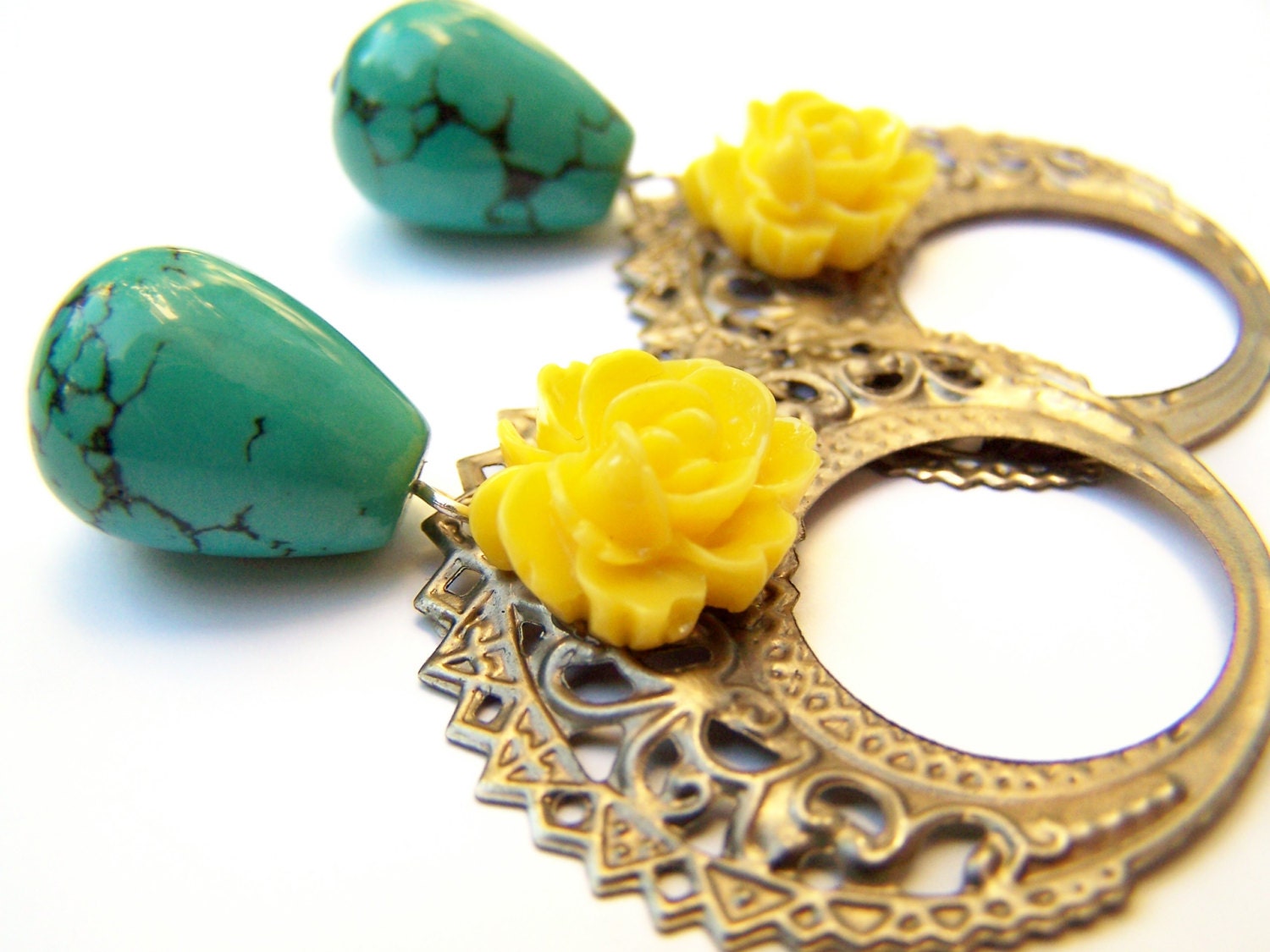 Yellow & Turquoise Earrings, Frida Kahlo Earrings, Mexican Folk Style Dangles, Yellow Rose and Turquoise Drops with Hoops - Zula