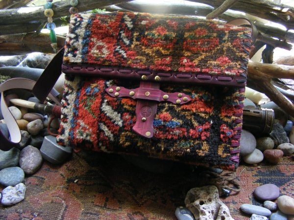 Purse carpet bag in antique rug veg tan leather