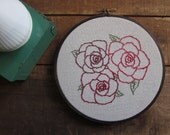 framed hand-embroidery: pink and purple rose cluster framed in the hoop