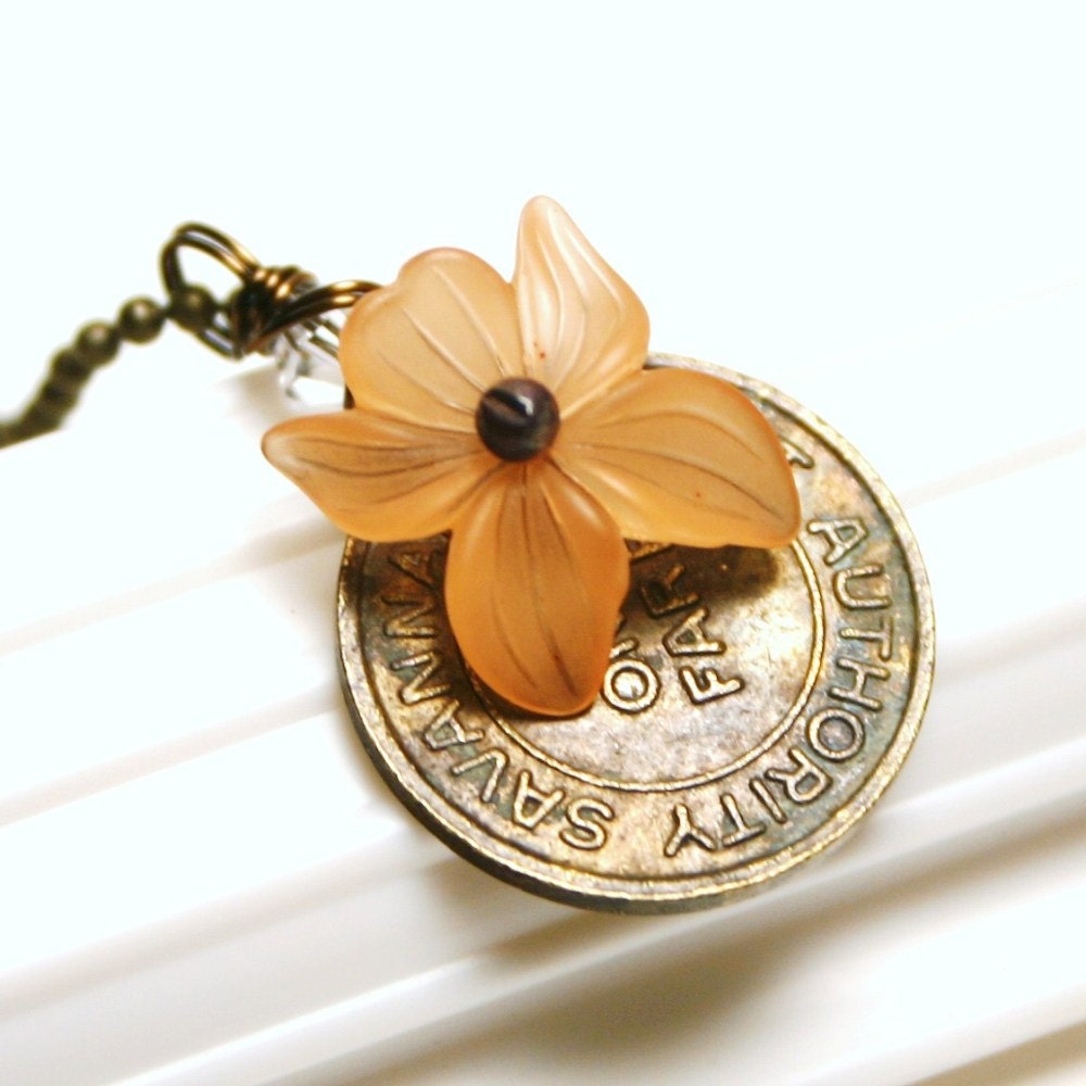 Savannah, GA Token Necklace - Vintage Transit Subway Bus Trolley with Peach Flower on Antiqued Brass - Southern Belle Deep South