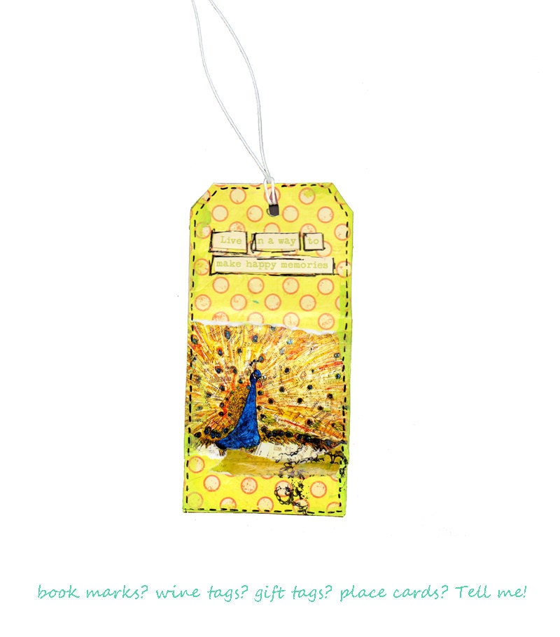 Luggage tag Peacock Bookmark, wine tag, card tag, gift tag, wedding place card inspirational art quote, yellow orange blue