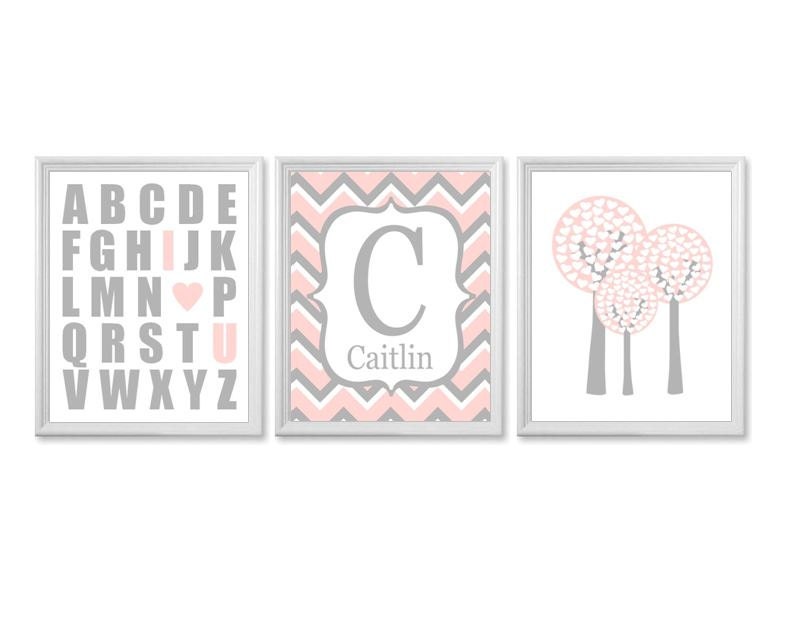 Baby Girl Nursery Art, Pink and Grey - ABC, Chevron Monogram, Trees - Set of Three, Personalized With Name and Initial 11x14