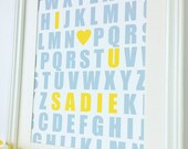 Kids Alphabet Poster, I Love You and Name, Custom Name ABC Print 11 x 14 - Personalized ABC Nursery Wall Art - Yellow and Grey Typography
