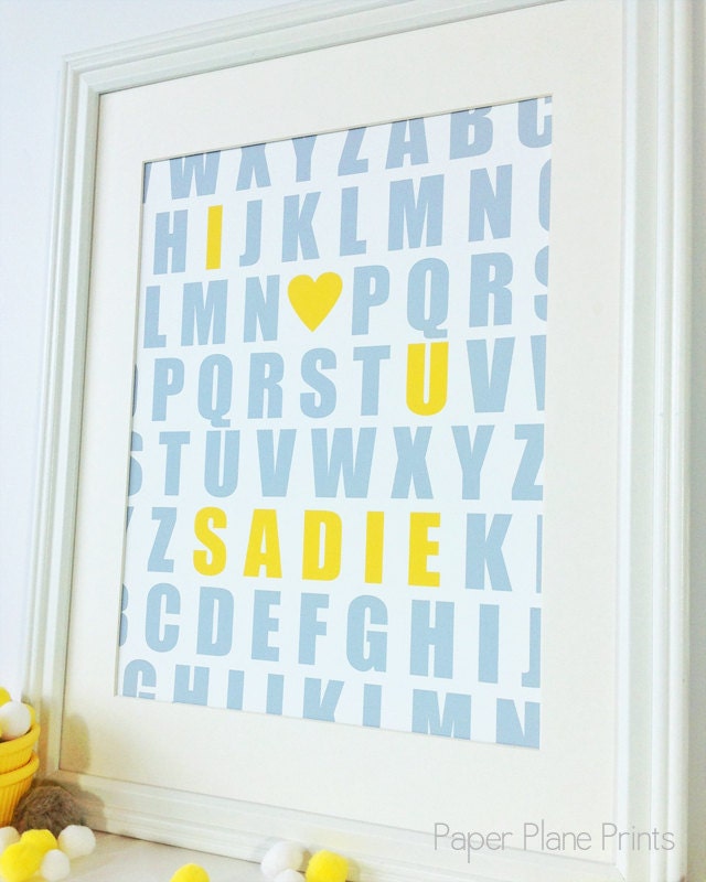 Kids Alphabet Poster, I Love You and Name, Custom Name ABC Print 11 x 14 - Personalized ABC Nursery Wall Art - Yellow and Grey Typography